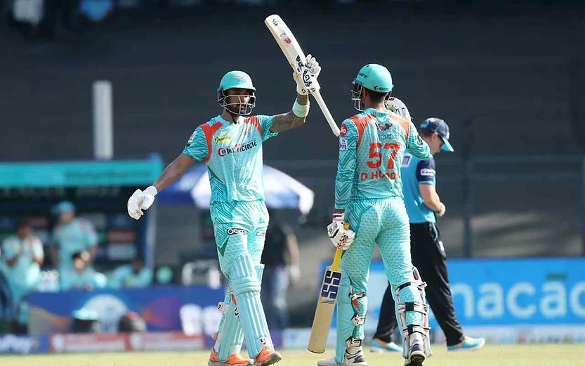 IPL 2022, LSG vs DC Top Performances_ Lokesh Rahul raises his bat as he scores half century (77 runs) against Delhi Capitals, LSG beat DC _ Walking Wicket (Images ©BCCI_IPL)