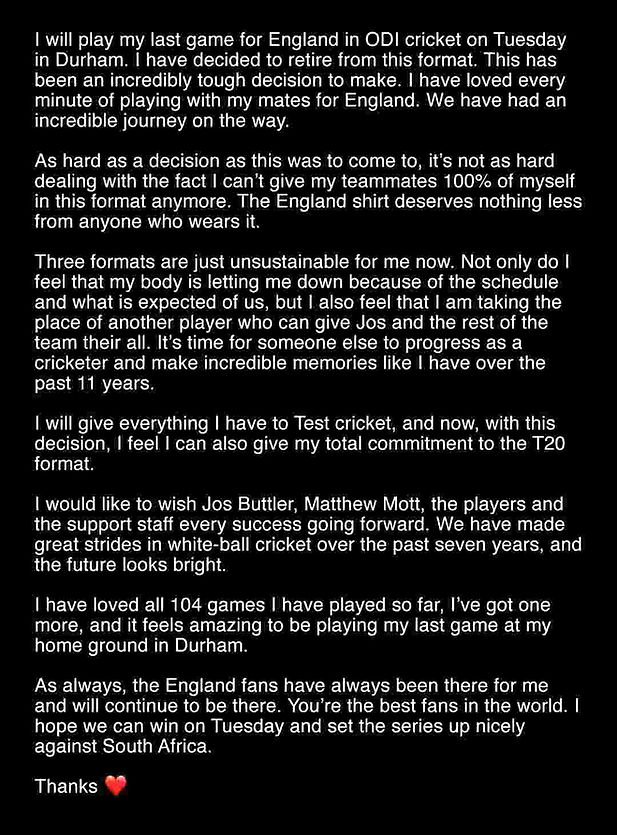 Ben Stokes left a heartfelt note on Twitter as he announces his retirement from ODIs (Source: BenStokes/Twitter)