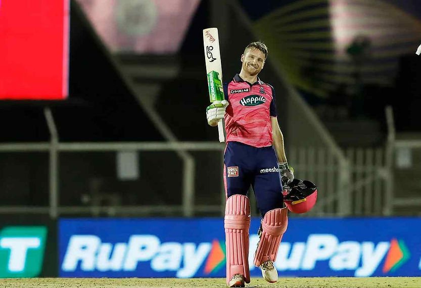 IPL 2022: Jos Buttler raises his bat after scoring century against KKR, Buttler holds the orange cap _ Walking Wicket (Images ©BCCI_IPL)